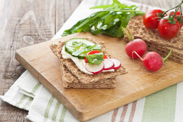 Crispbread with tomatoes, radish, cucumber and arugula