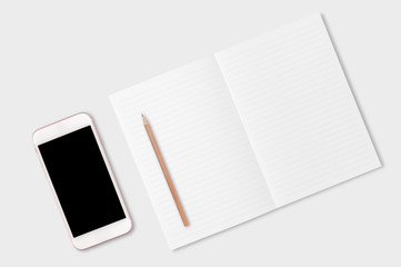 Mobile phone and diary notebook on white background, Business te