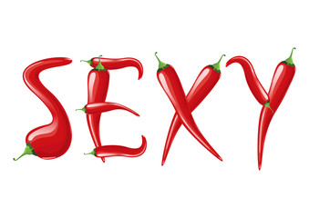 Chili lettering red pepper. Stylized word: sexy.