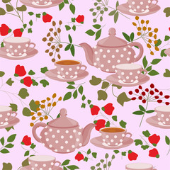 Seamless pattern with teapots, cups and field plants.