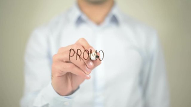Promote,  Man writing on transparent screen