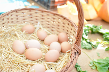 Basket with eggs on market