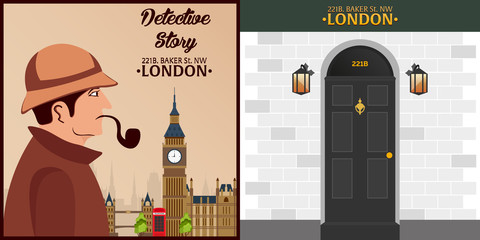 Sherlock Holmes. Detective illustration. Illustration with Sherlock Holmes. Baker street 221B. London. Big Ban