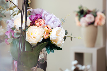 Beautiful fresh flowers in vases