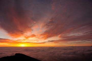 beautiful sunrise among foggy mountain summits landscape