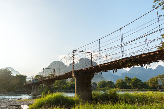 Bamboo bridge over Nam Song River at Vang Vieng village, Laos