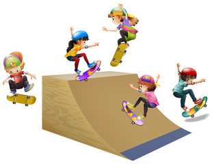 Children skateboard on wooden ramp