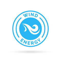 Natural wind energy emblem sign with blue blowing wind icon. Vector illustration.