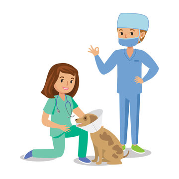 Two girls healing dog. Vet girls, pet doctors. Cute cartoon girl
