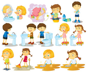Fototapeta premium Girls and boys doing chores