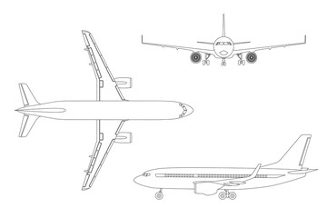 Outline drawing plane in a flat style on a white background. Top