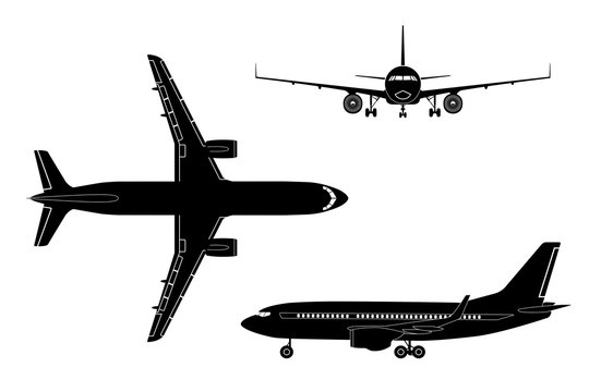 Black airplane silhouette on a white background. Top view, front