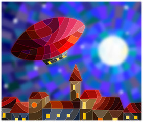 Illustration in stained glass style airship over a city at night amid the stars and moon, night cityscape