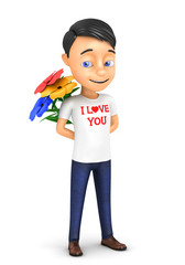 3d man in love with hearts on a white background
