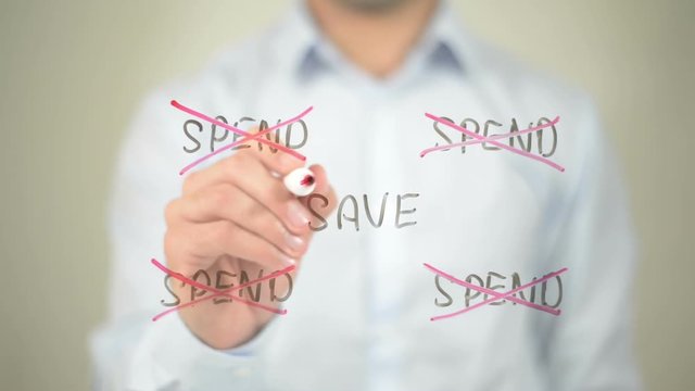 Save, Spend Illustration,  Man writing on transparent screen