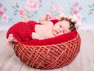 Newborn baby girl lying in a basket on red blancet. On her head a crown of flowers