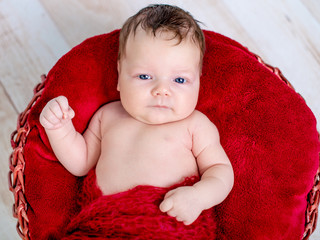 Newborn baby girl lying in a basket on red blancet
