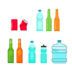Bottles vector collection isolated on white, full and empty bottle of water, sport bottle, beer glass bottle, drink metal can, plastic bottle