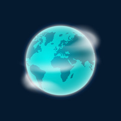 Earth planet vector illustration isolated on dark blue background, smooth earth globe with white clouds in space design, rotating color earth icon