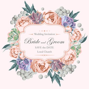 Wedding invitation with peony roses and succulents