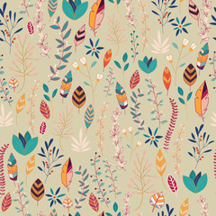 Seamless pattern design with hand drawn flowers, floral elements