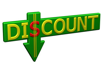 Concept: word discount with arrow. 3D rendering.