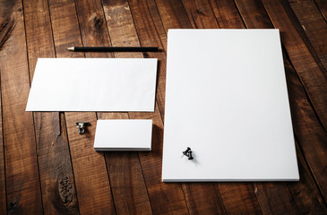 Blank stationery template. Blank letterhead, business cards, envelope and pencil. Mock-up for...