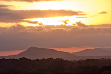 View on mountain landscape at sunrise on morning glow background. Moshi, Great Rift Valley, Tanzania, East Africa.
