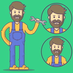 Mechanic in overalls and with wrench. Vector mechanic emoji. Mechanic icons. Set mechanic character in cartoon style.