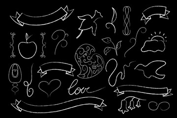 Love and wedding vector clipart, white charcoal on black