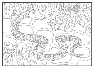 Coloring page with snake in mandala style