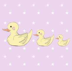 Minimal vector post card with ducks. For cards, invitations, or baby shower albums, backgrounds and scrapbooks.Seamless pattern can be used for wallpapers