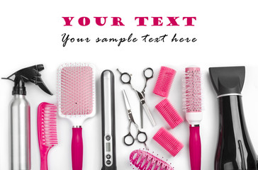 Hairdresser salon tools isolated on white with sample text space
