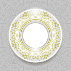 Ceramic Ornamental  Plate Isolated on Grey Ornamental Background. Top View