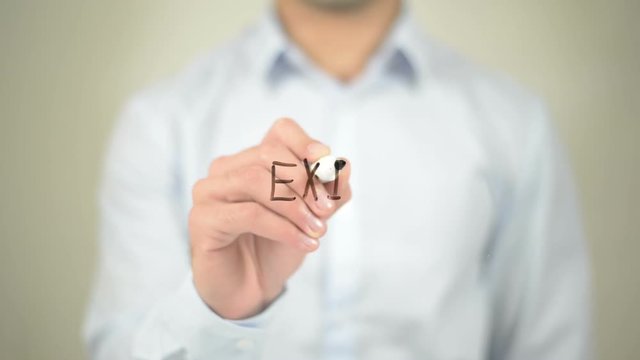 Exit,  Man writing on transparent screen