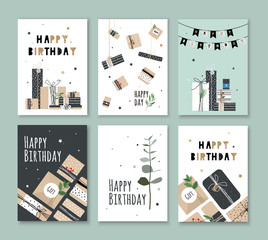 A set of cards on his birthday. Bright illustration with kraft boxes and plants for the hipster party.