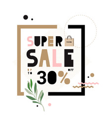 Super Sale banner with modern kraft letters and packages. Template Sale. Big Sale. Special offer. Up to 30 interest discount. Hipster style.