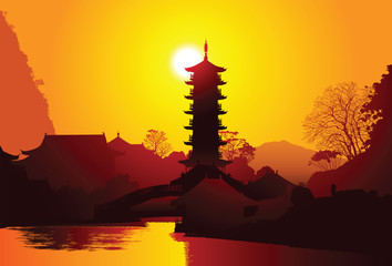 Old pagoda on the water, Guilin, China
 - obrazy, fototapety, plakaty