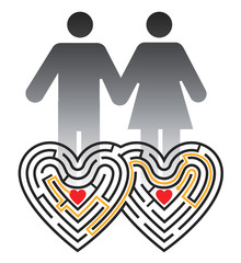 Lovers maze.
Couple  pictogram and labyrinth in the shape of two linked hearts.  Vector available.
