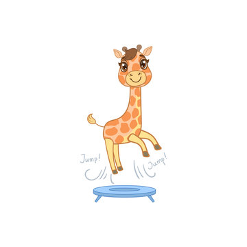 Giraffe Jumping On Trampoline