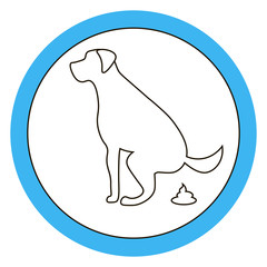 Dog pooping sign white silhouette on  blue background Ecological cleanliness of the environment, taking care of pets.