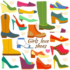 Set of colorful flat icons. Different women shoes. Vector illustration