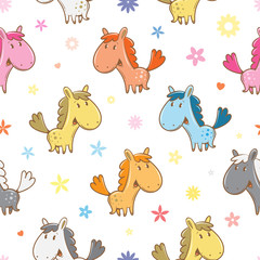 Seamless pattern with cute cartoon horses and flowers on  white background. Funny animals. Vector image. Children's illustration.