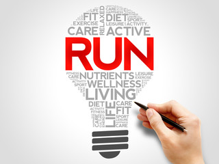 RUN bulb word cloud, health concept