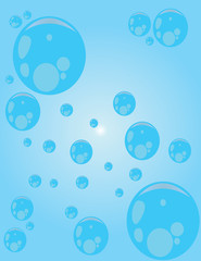 Fototapeta na wymiar Big blue round water drops with glows and reflections, over a blue background. Digital image vector.