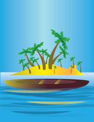 An abstract island in the sea, with yellow land and green palms with a boat. Digital vector image.