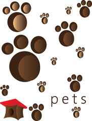 Pets and animals foot steps and traces with a small red roof cage. Digital vector image.