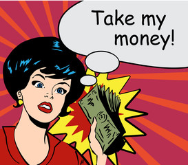 Retro woman with money vector picture