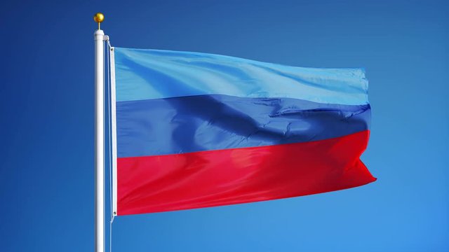 Luhansk People's Republic flag waving in slow motion against blue sky, seamlessly looped, close up, isolated on alpha channel with black and white matte, perfect for film, news, digital composition