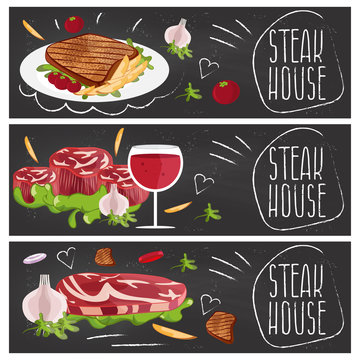 Set of banners for theme steak house with steak,fries,wine. Vect